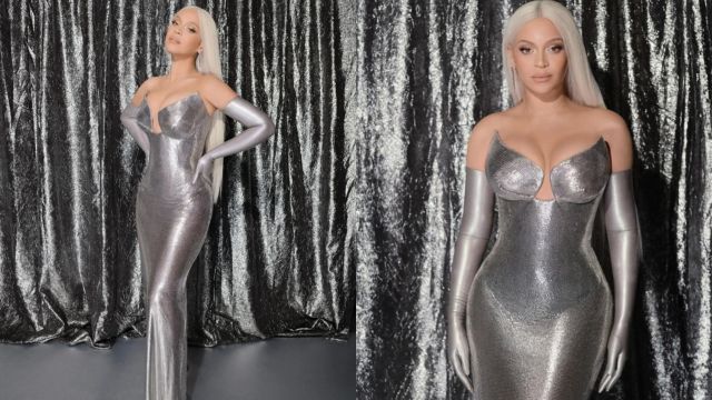 Beyoncé Shines in a Shiny Silver Versace Dress at the Renaissance Film Premiere
